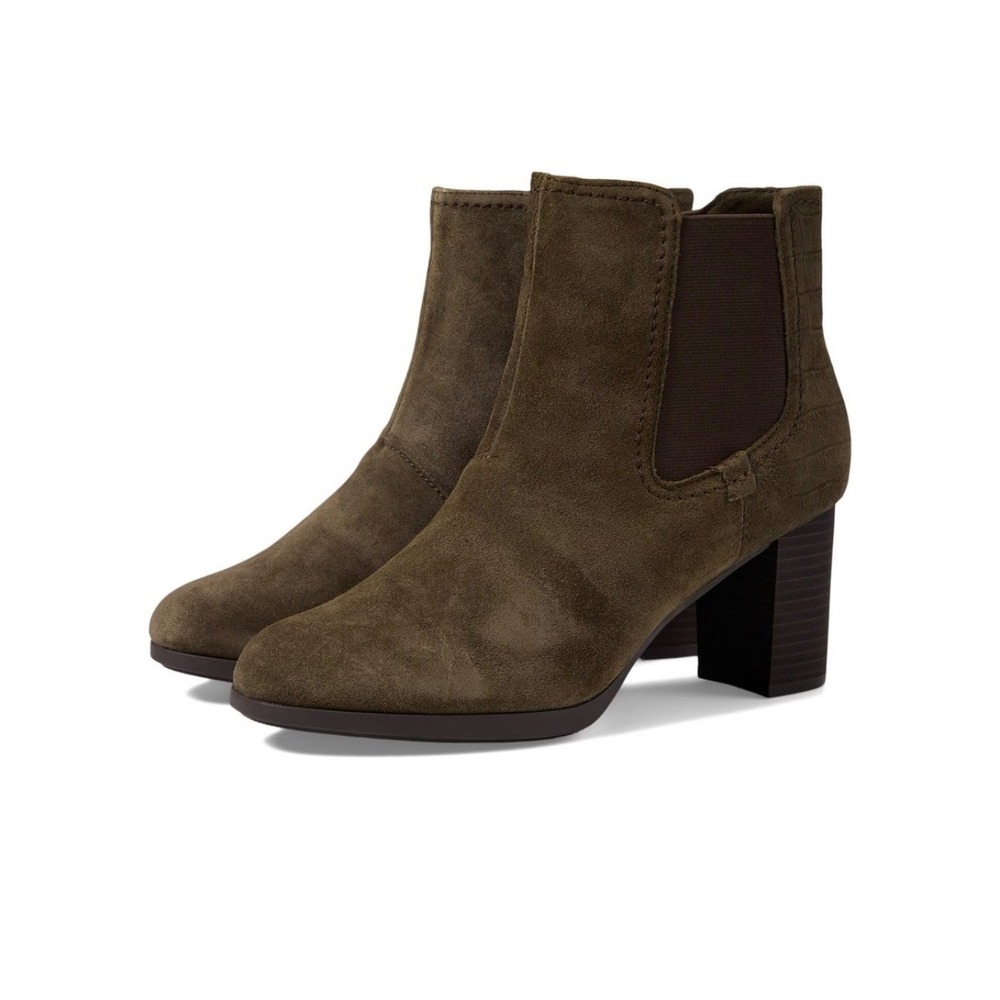 Clarks Bayla Rose Ankle Boots Womens Size 10 Slate Suede Croc Embossed Heel